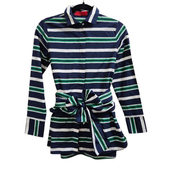 Carolina Herrera Striped Cotton Belted Shirt Dress Top 2 Multicolor Button Down - Picture 2 of 12